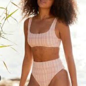 Aerie Blue and White Plaid Scoop Wide Strap Bikini Top